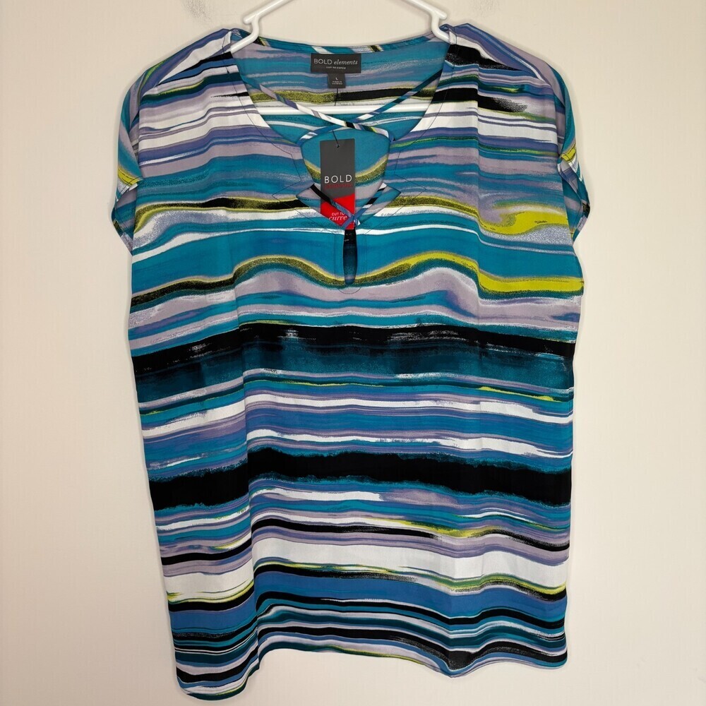 BOLD ELEMENTS NEW Cap Sleeve Keyhole Criss Cross Top Women L Colorful